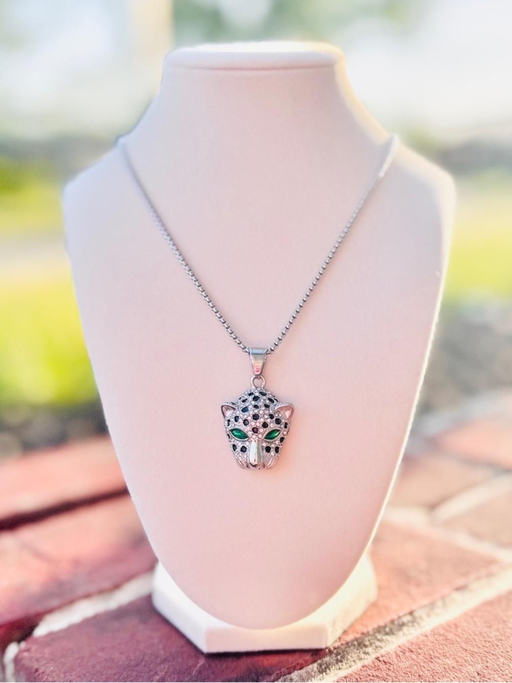 Silver Jaguar Head Pendant Necklace with Green Eyes